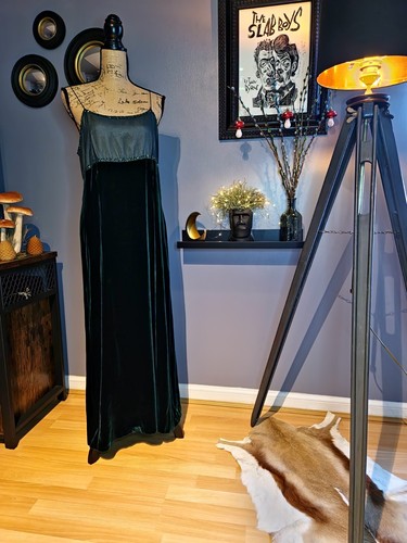 Whimsi Vintage Early 90s Monsoon Twilight Emerald Long Velvet Dress UK 12/14