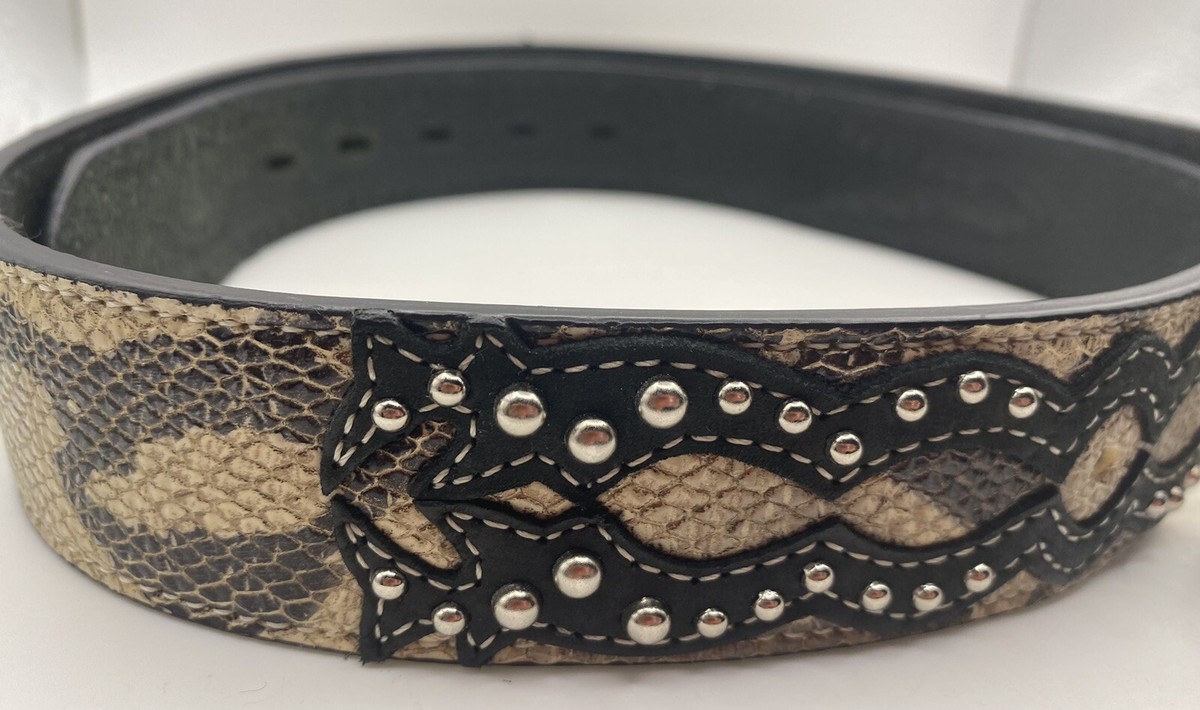 Genuine Leather Western Belt, Animal Skin, Black, Silver 