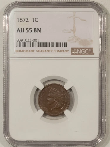1872 INDIAN CENT - NGC AU-55 BN, CHOCOLATE BROWN, TOUGH DATE!