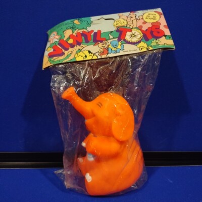 Vinyl Toys NOS Orange Elephant Rubber Squeaky Toy Works Sealed Vintage Blue Bib