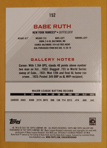 2022 Topps Gallery Baseball Printer Proof #152 Babe Ruth YANKEES NM-MT A2 - Picture 2 of 2