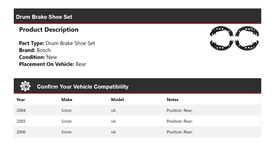 For 2004-2006 Scion xA Bosch Drum Brake Shoe Set Rear 2005 - Image 2 of 3