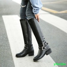 Women's Low Heels Knee High Leather Equestrian Riding Boots Fashion Zipper Shoes