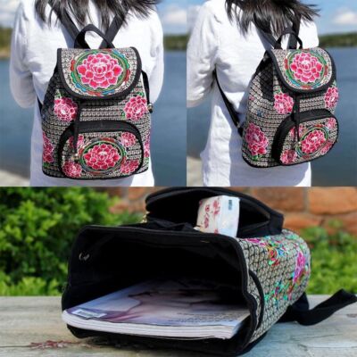 Canvas Bucket Bag Peony Backpacks Chic Floral Embroidered Bags