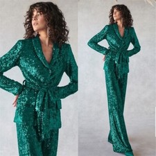 Green Sequin Women Suits with Belt 2Pcs Ladies Formal Evening Party Prom Outfits