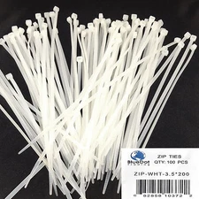 US SELLER ~ 100 Count WHITE Nylon Cable ZIP Ties 8 inch 40LBS, 100pcs per Pack