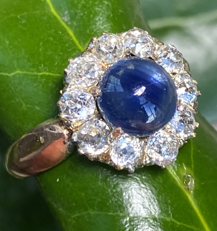 OEC Diamond Halo No Heat Blue Sapphire Cabochon 14K Rose Gold
