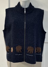 WOOLRICH Indigo Blue LAMBSWOOL WOOL Appliqued Bears  Fish ZIP FRONT VEST M