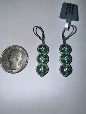 Genuine Emerald, Sterling And White Zircon Lever Back Drop Earrings
