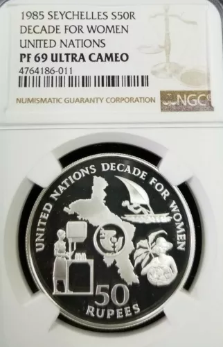 1985 SEYCHELLES S50R DECADE FOR WOMEN NGC PF 69 ULTRA CAMEO MINTAGE 500 SCARCE
