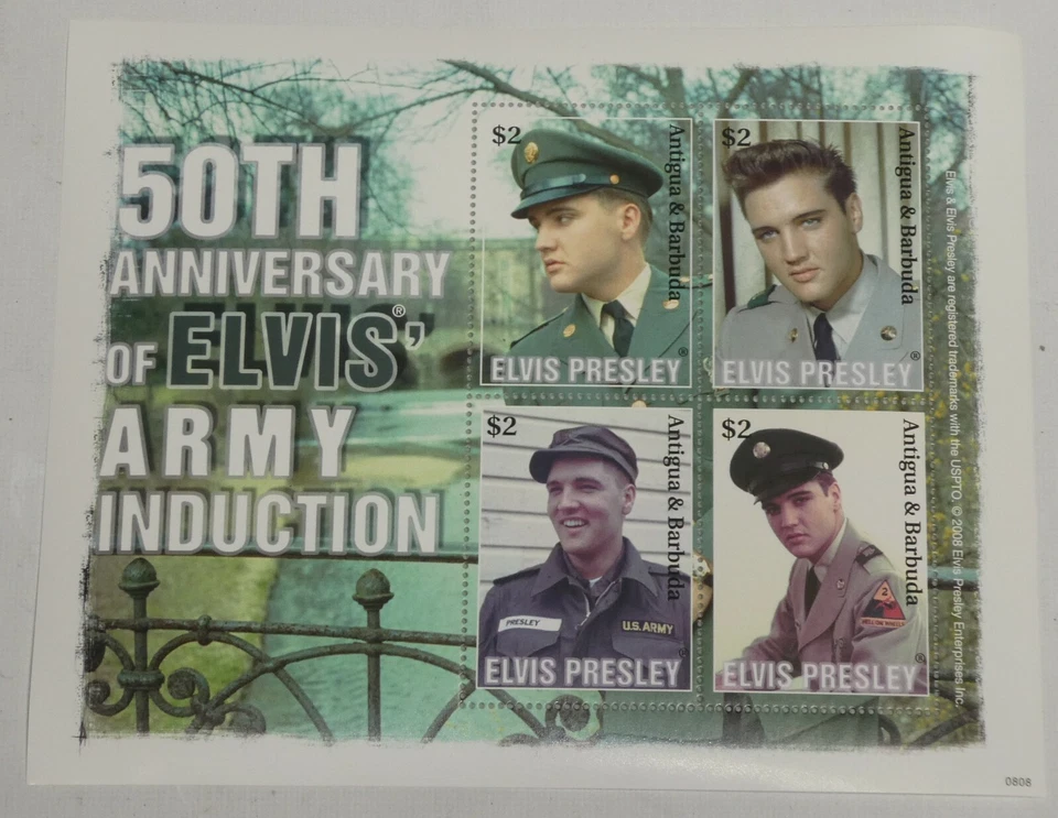 Сувенирный лист марок Антигуа и Барбуда с Элвисом Пресли $2 4 марки 2008 армия США 50 - Изображение 3 из 4