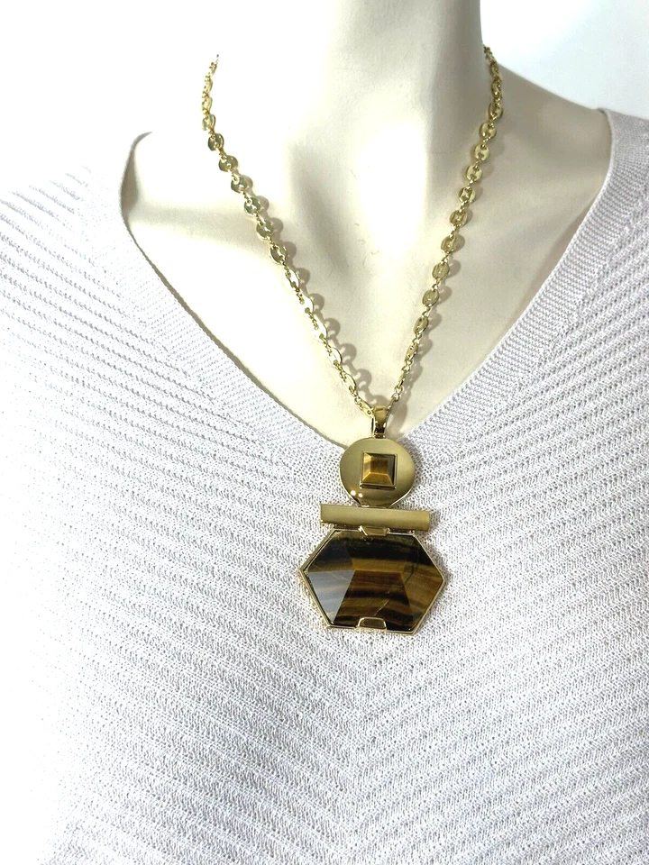 Vince Camuto Tono Dorado Ojo de Tigre Collar Colgante Geométrico Nuevo con Etiquetas $98 Foto 4 de 4
