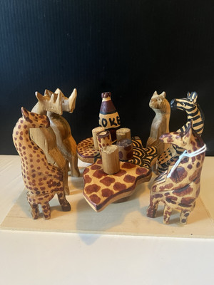 Africa Wood Carvings Safari Meeting Elephant Zebra Giraffe Hyena Coke
