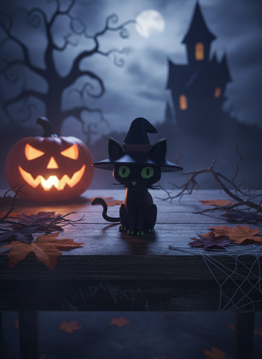 Hand-Painted Glow-in-the-Dark Black Cat Witch Figurine Medium Halloween Decor