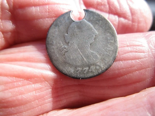DETECTING FINDS COLONIAL SPANISH HALF REALE 1774 CHARLES III CLIPPED HOLED - Image 2 of 3