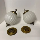2 Vintage Art Deco Mid Century Milk Glass Ribbed Globe Hanging Light Fixture