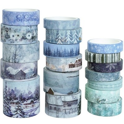 Winter Washi Tape Set 18 Rolls Landscaping Snow Embellishment Blue White Deco...