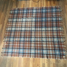 Baron Woolen Mills VTG 100 Wool Throw blanket 60 X 63 Blue / Brown Utah USA