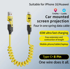 Coiled 65W Fast Charging Cable 4 in 1 Multi USB C to iPhone Charger CarPlay Cord