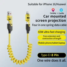 Coiled 65W Fast Charging Cable 4 in 1 Multi USB C to iPhone Charger CarPlay Cord