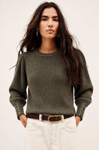 ba&sh Paris Zelie Wool Knit Sweater Olive Khaki Lace Up Cuff Puff Sleeve Sz 2/M