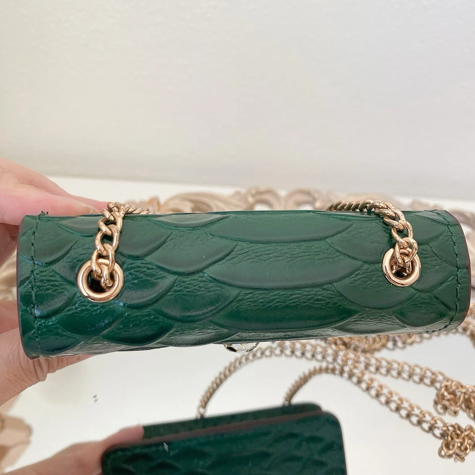 Mini Bandolera de Cuero Genuino, Patrón de Serpiente Verde, Correa de Cadena Foto 3 de 4