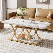 Rectangle Coffee Table, 2-Tier Faux Marble Wood Coffee Table with Metal Legs