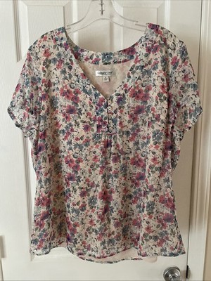 Coldwater Creek Top Blouse Gorgeous blue Floral short sleeve Sz XL Pull over