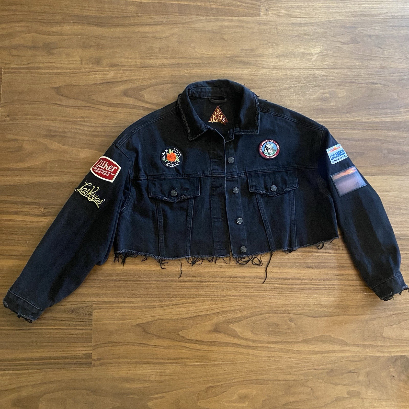 Cropped Black Denim Jacket Patchwork Route 66 Fes… - image 5