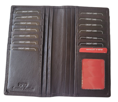 Genuine Soft Leather Long Bifold Wallet RFID Blocking Rodeo Wallet Brown