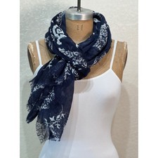 Navy Blue White Floral Print Lightweight Sheer Scarf Wrap Shawl