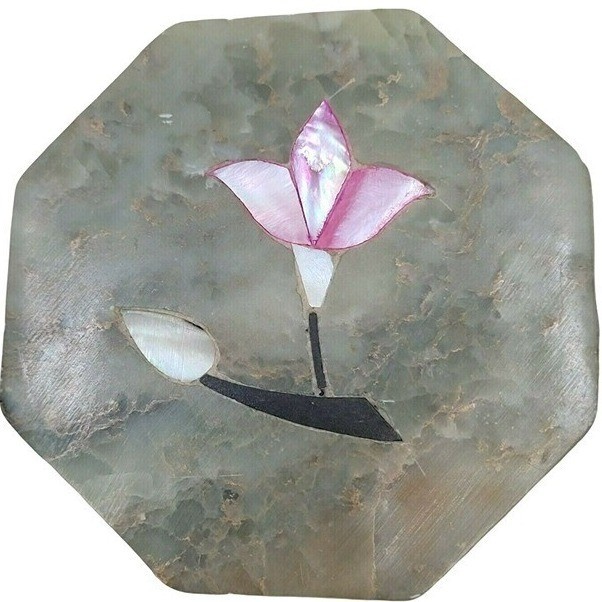 Unbranded Soapstone Trinket Box Small Green Pink Floral Mother of Pearl Inlay
