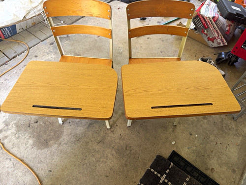 Irwin Pair Vintage School Combo Desk Chairs Wood Laminate, Cream Metal Base