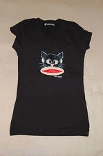 JR Womens Tee Shirt BLACK CAT Glitter CAP SLEEVE Paul Frank L 11-13