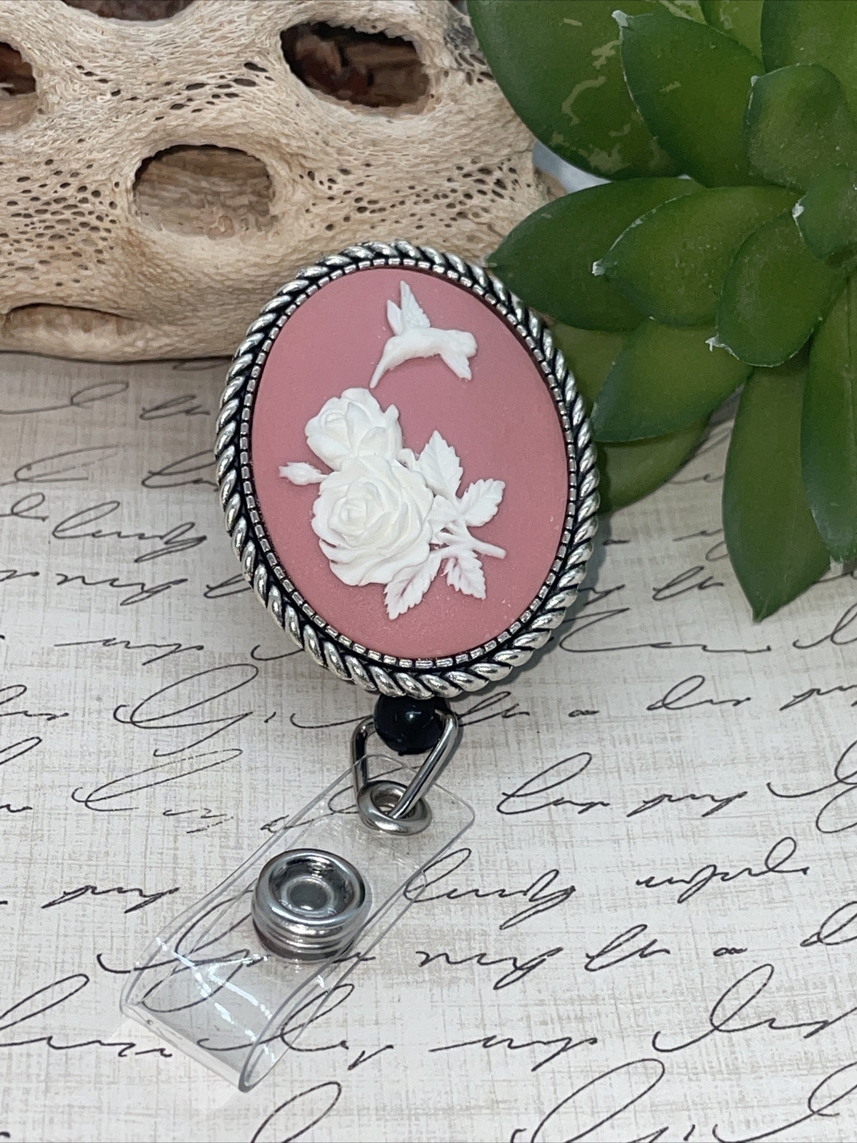 Hummingbird PINK Cameo Retractable Reel ID Card Badge Holder Key Chain Rose image 3