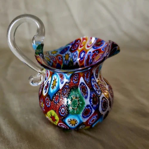 Vintage Authentic Murano Millefiori Arazaneze Murano Gold Leaf Pitcher 3" Marked