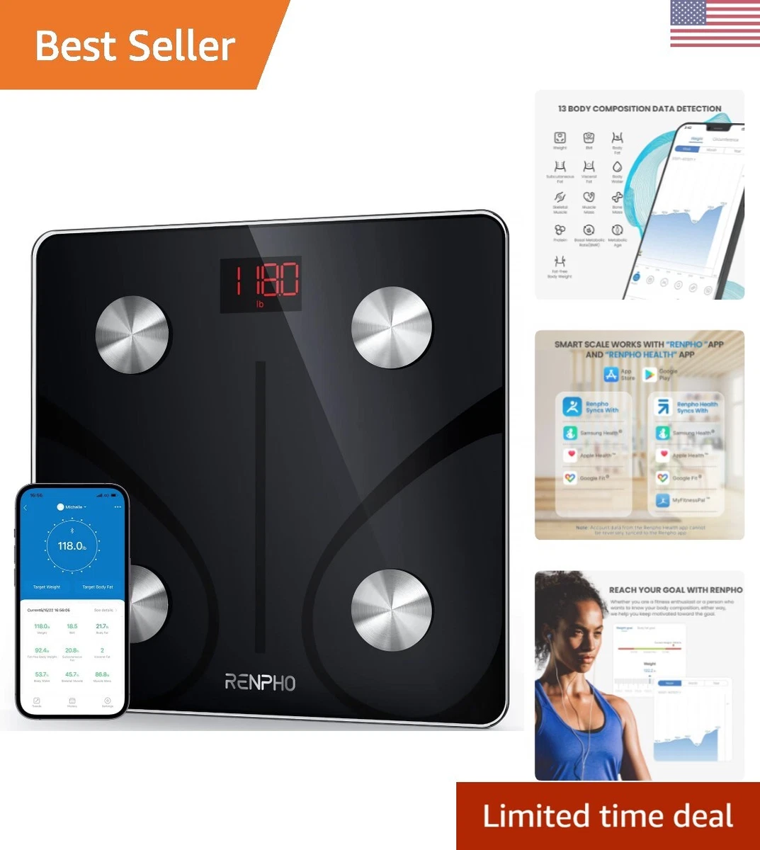 Bluetooth Body Fat Scale - 400 lbs - Works with Apple Watch, Fitbit, and  More