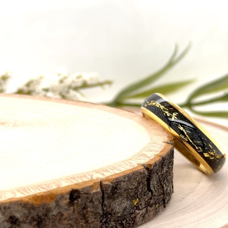 6mm Christmas Gif Ring Black With Gold Meteorite Inlay Band Unisex gold Tungsten