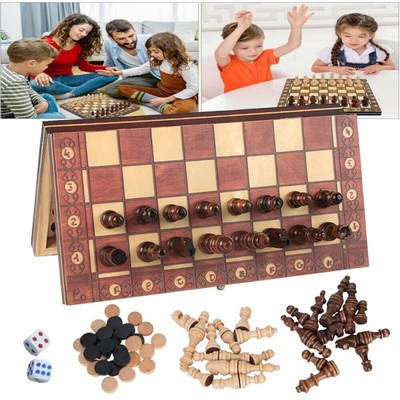 3in1-Schachspiel Schach handgeschnitzt Schachbrett Holz Chess Board klappbar
