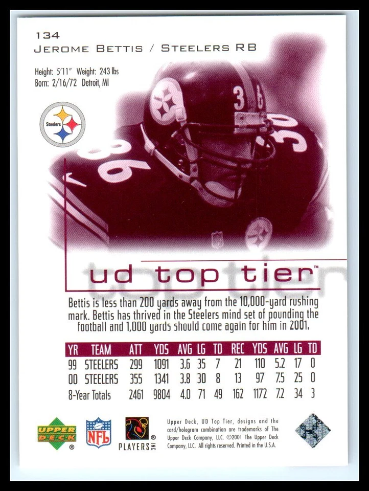 2001 Upper Deck Top Tier #134 Jerome Bettis MT-NRMT - Image 2 of 2