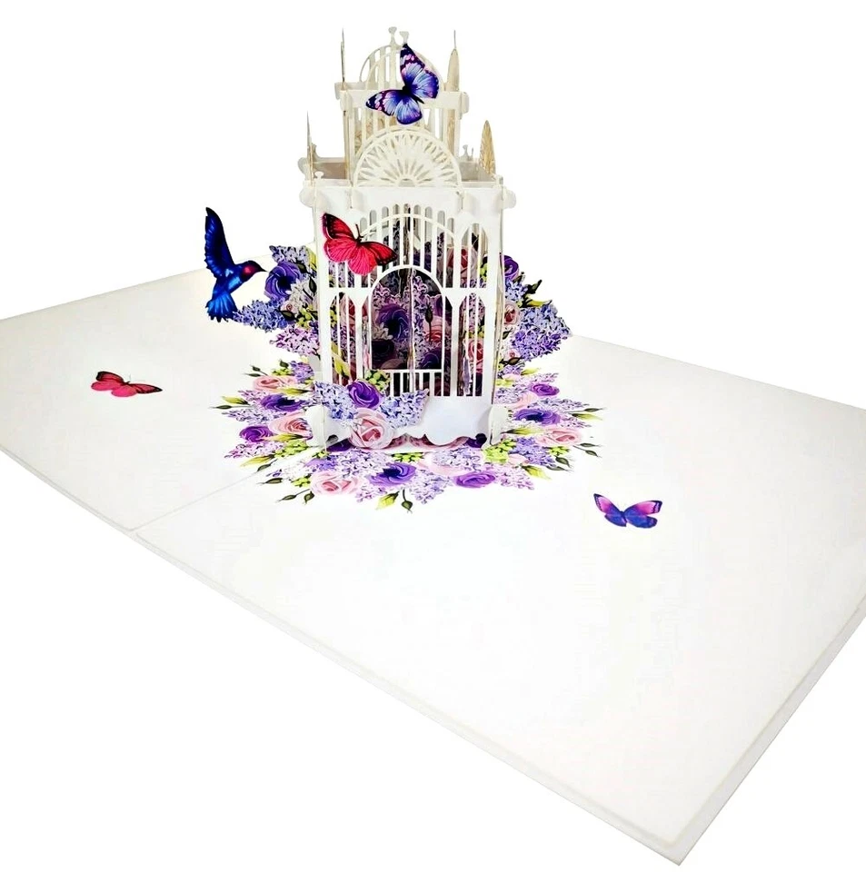 Tarjeta de felicitación emergente Gazebo flor púrpura mariposas - diseño hecho a mano en 3D Foto 3 de 4