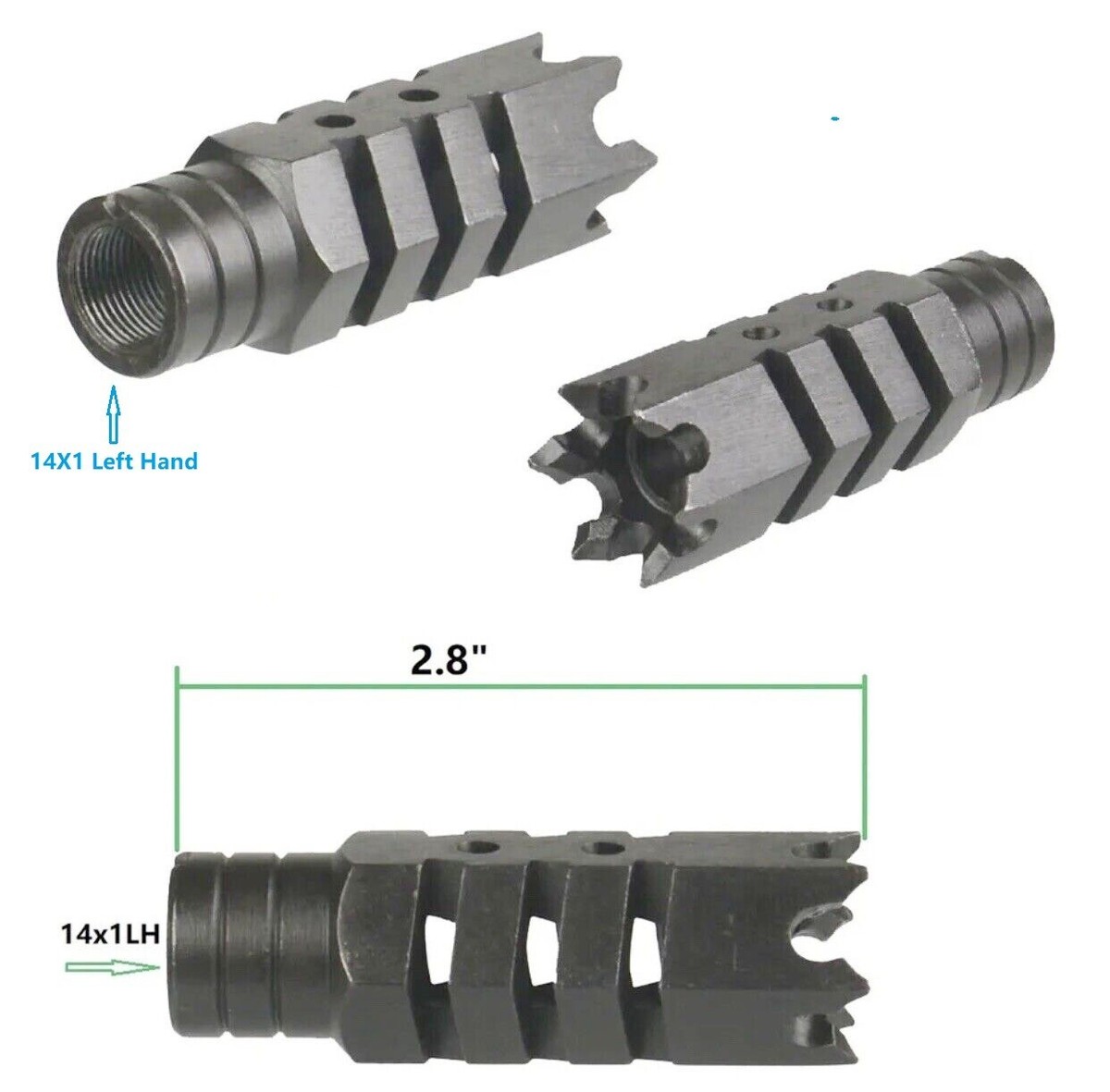 Black Steel M14x1 LH Shark Muzzle Brake Compensator for 7.62x39