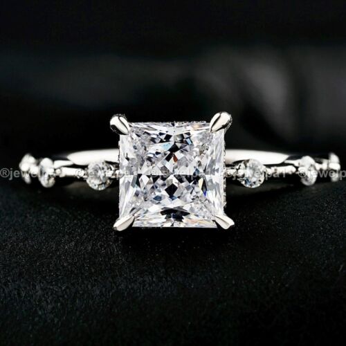 Moissanite Solitaire Engagement Ring Solid 14K White Gold 2.50 Ct Princess Cut - Picture 1 of 9