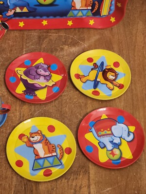 2009 Schylling's Silly Circus Tin Tea Set 14 pc Serving Tray, Cups