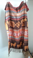 Woven Scarf Wrap Gold Brown Southwest Eagles Llamas Peru 27x68" Fringe EUC