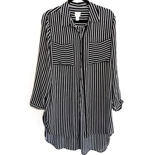 Chico's Black & White Semi Sheer Long Shirt Blouse Size Medium Large Size 2