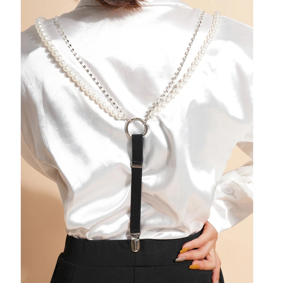 Women Pearl Rhinestone Chain Clips Strap Belt Hanging Pants Clip Suspender Belt - Image 2 of 4