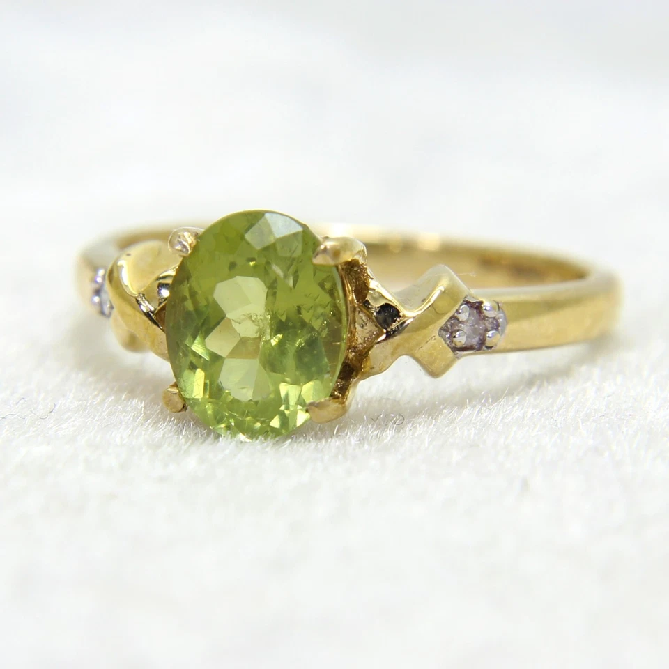 Anillo de oro amarillo de 9 quilates con apatita verde y diamantes K 1/2 ~ 5 1/2 Foto 3 de 4
