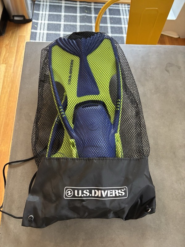 U.S. Divers Proflex Jr. open heel snorkeling fins lime green & blue. Medium 1-4