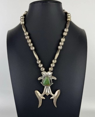Native American Sterling Turquoise Pendant Necklace Frog Noja Squash Blossom 53g